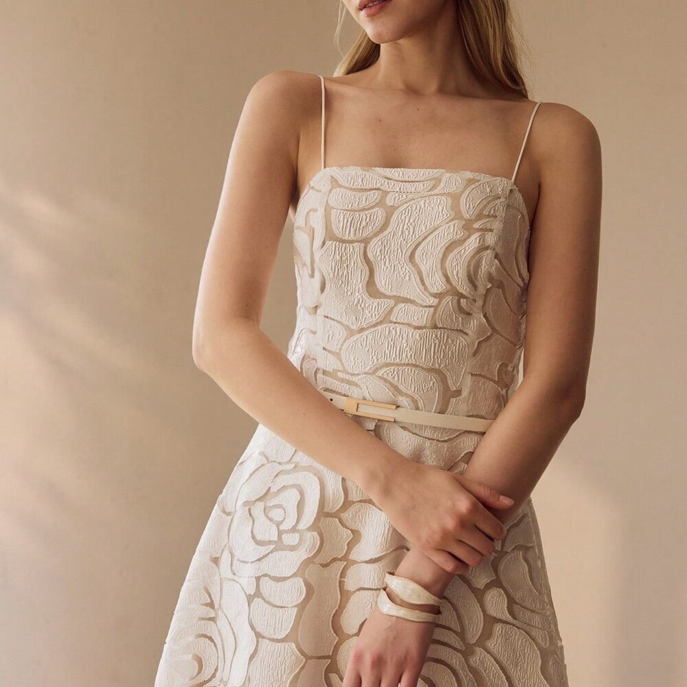 White Elegant Women's French Strapless Floral A-Line Dress - Picture 4 of 6